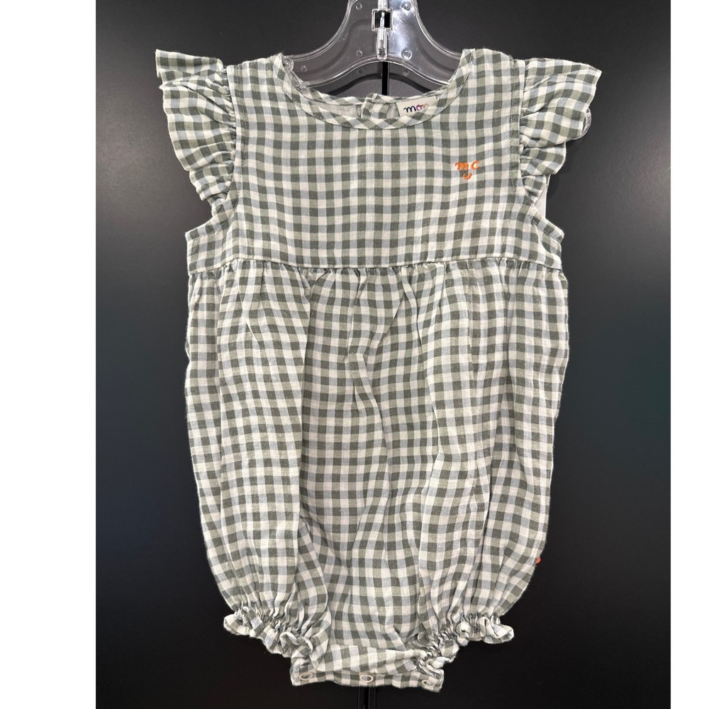 Mon Coeur Gingham Linen Baby Girl Romper 18-24M Cream Green NWT